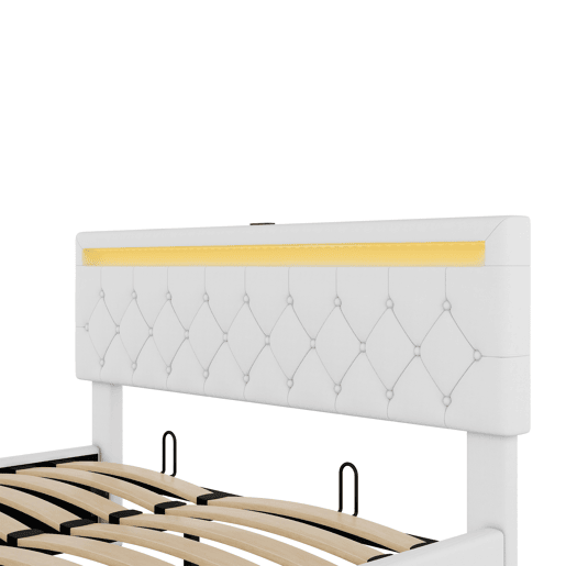Cama contentora 160x200 cm em tecido de linho com LED - tomadas USB e C na cama - com estrado - Branco