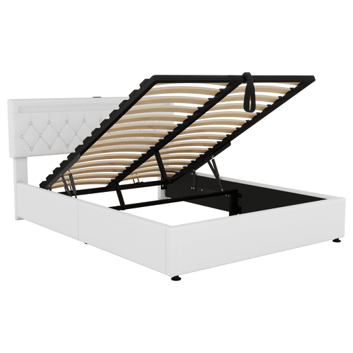 Cama contentora 160x200 cm em tecido de linho com LED - tomadas USB e C na cama - com estrado - Branco