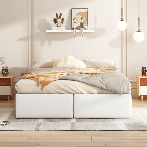 Cama de casal estofada 140x200cm sem cabeceira - com 2 gavetas - Tecido de linho - Branco