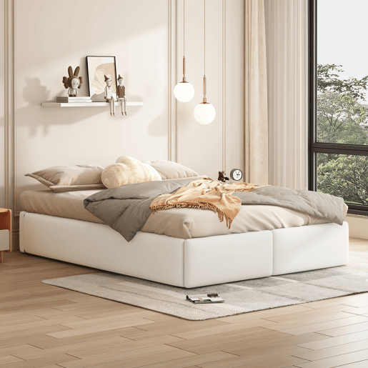 Cama de casal estofada 140x200cm sem cabeceira - com 2 gavetas - Tecido de linho - Branco