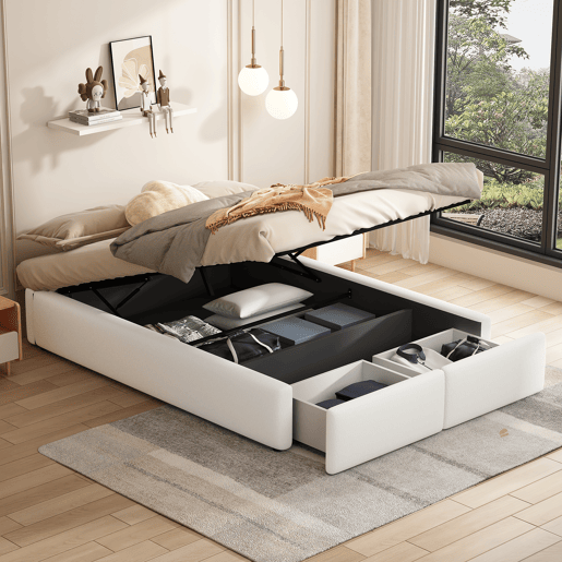 Cama de casal estofada 140x200cm sem cabeceira - com 2 gavetas - Tecido de linho - Branco