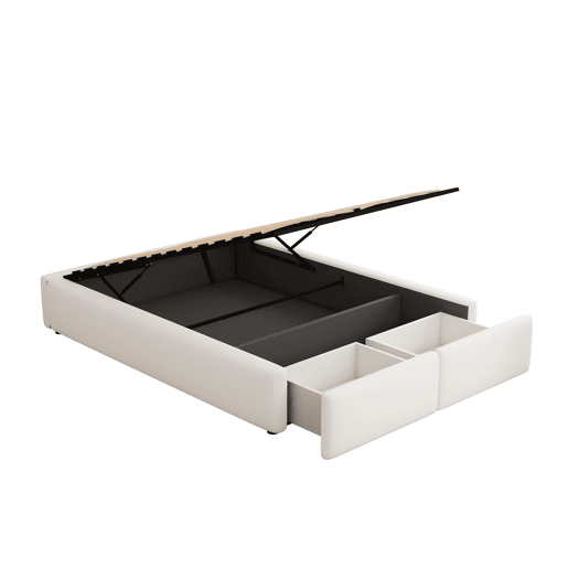 Cama de casal estofada 140x200cm sem cabeceira - com 2 gavetas - Tecido de linho - Branco
