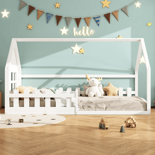 Cama-cama para crianças 90x200 cm - em forma de casinha - em madeira de pinho e MDF - Branco
