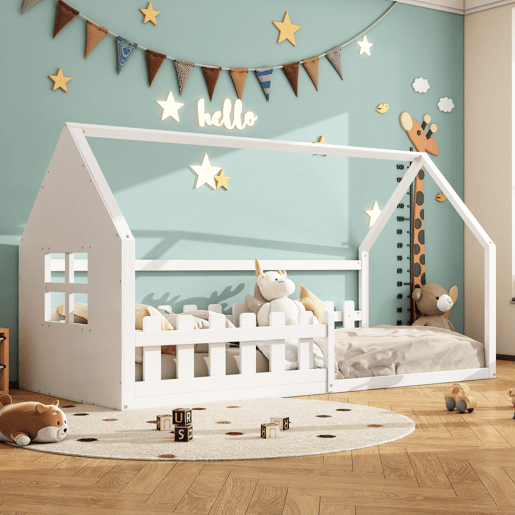 Cama-cama para crianças 90x200 cm - em forma de casinha - em madeira de pinho e MDF - Branco