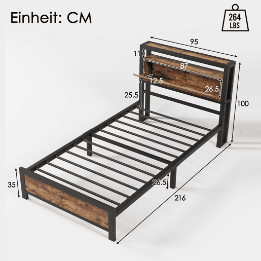 Cama para adultos 90x200 cm com espaço de arrumação - estrutura metálica - Castanho