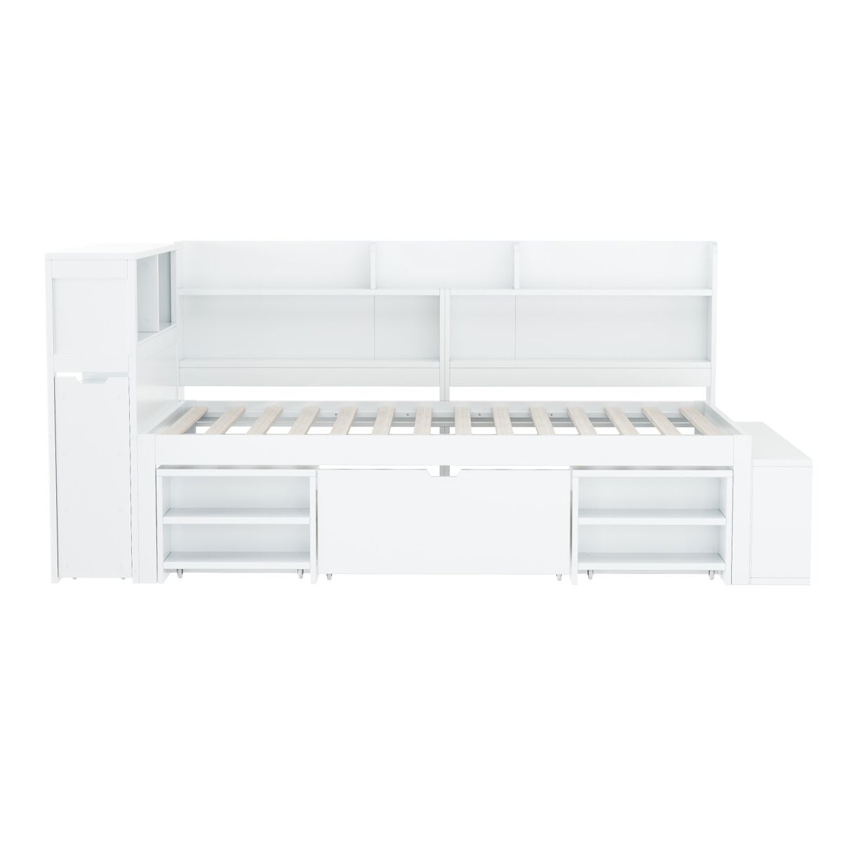 Cama de mdf 90x200cm - con almacenaje multifunción y pequeña librería extraíble - con somier de láminas - blanco