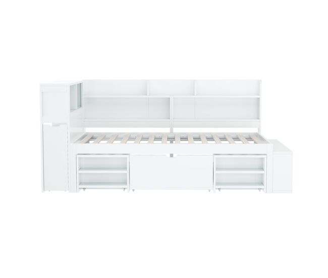 Cama de mdf 90x200cm - con almacenaje multifunción y pequeña librería extraíble - con somier de láminas - blanco