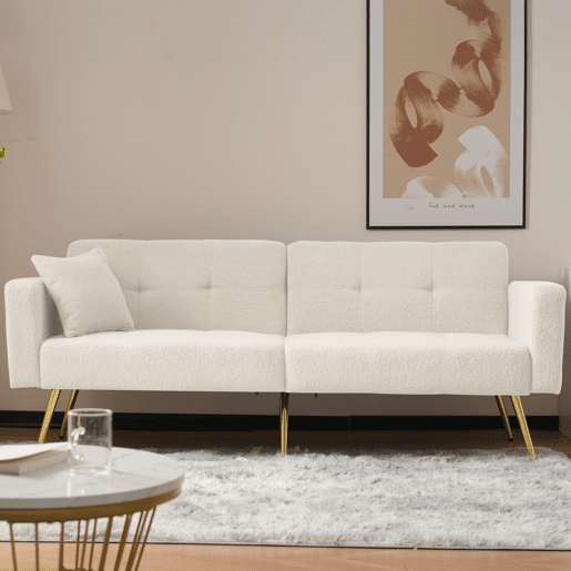 Sofá convertível com encosto regulável - 2 lugares - tecido felpudo francês - branco