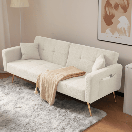 Sofá convertível com encosto regulável - 2 lugares - tecido felpudo francês - branco