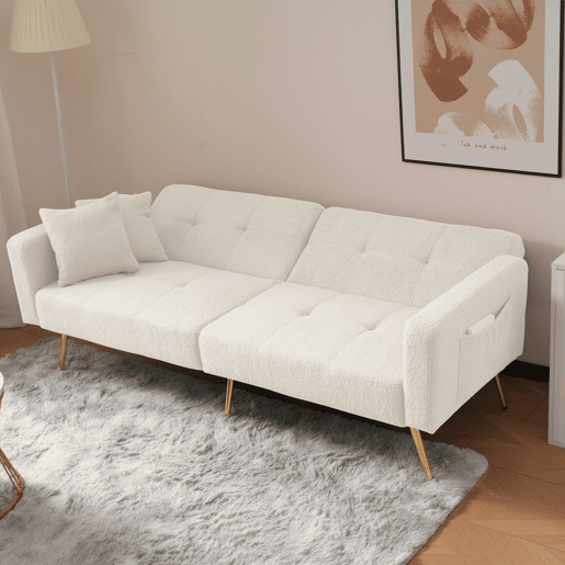 Sofá convertível com encosto regulável - 2 lugares - tecido felpudo francês - branco