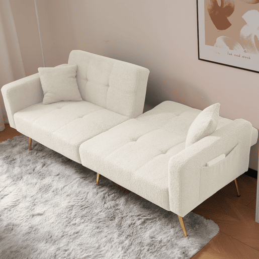 Sofá convertível com encosto regulável - 2 lugares - tecido felpudo francês - branco