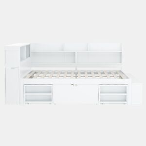 Cama em MDF 140x200 cm - com arrumação multifunções e uma pequena estante extraível - com estrado de ripas - Branco