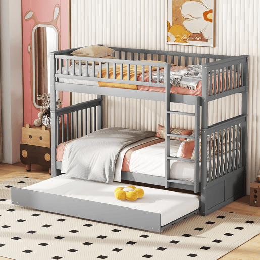 Beliche 2x90x200cm com cama de rodízio 90x190cm - com corrimão e escada - Cinzento