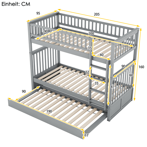 Beliche 2x90x200cm com cama de rodízio 90x190cm - com corrimão e escada - Cinzento