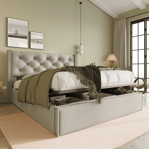 Cama com arrumação estofada 140x200 cm em tecido de algodão - com estrado de ripas - Cinzento claro