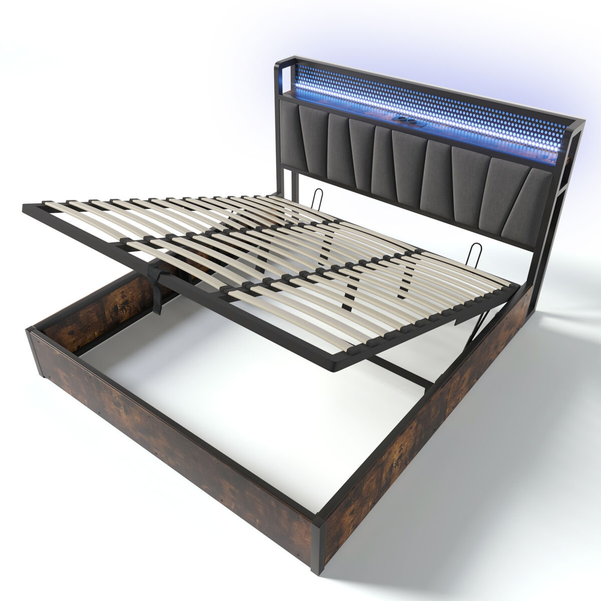 Cama con almacenaje de tela de lino de 180x200 cm - con led, puertos de carga y somier - gris