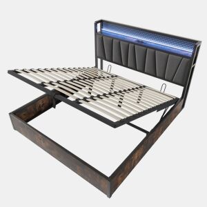 Cama em tecido de linho com arrumação 180x200 cm - com LED, portas de carregamento e estrado - Cinzento