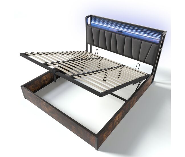 Cama con almacenaje de tela de lino de 180x200 cm - con led, puertos de carga y somier - gris