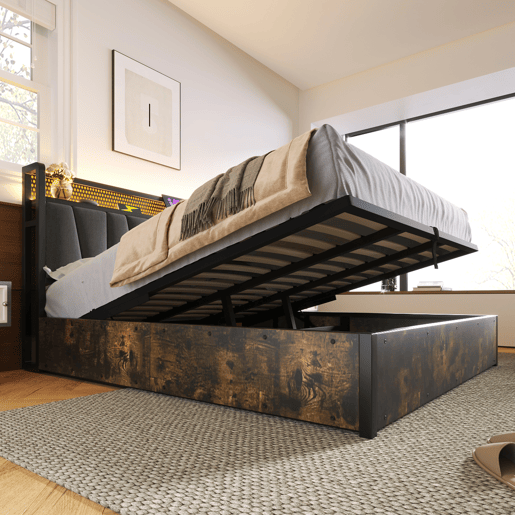 Cama em tecido de linho com arrumação 180x200 cm - com LED, portas de carregamento e estrado - Cinzento