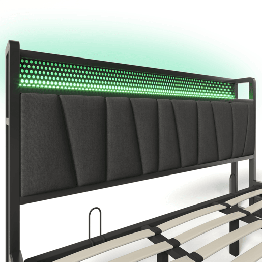 Cama em tecido de linho com arrumação 180x200 cm - com LED, portas de carregamento e estrado - Cinzento