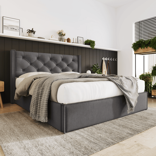 Cama contentora estofada 160x200 cm em tecido de algodão - com estrado de ripas - Cinzento