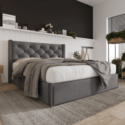 Cama contentora estofada 160x200 cm em tecido de algodão - com estrado de ripas - Cinzento