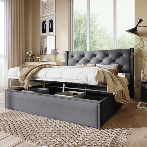 Cama contentora estofada 160x200 cm em tecido de algodão - com estrado de ripas - Cinzento