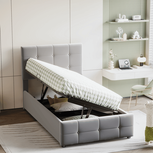 Cama contentor estofada em veludo 90x200cm - Cinzento