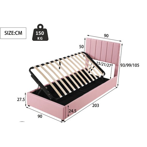 Cama estofada em linho com arrumação - 90x200cm - Rosa