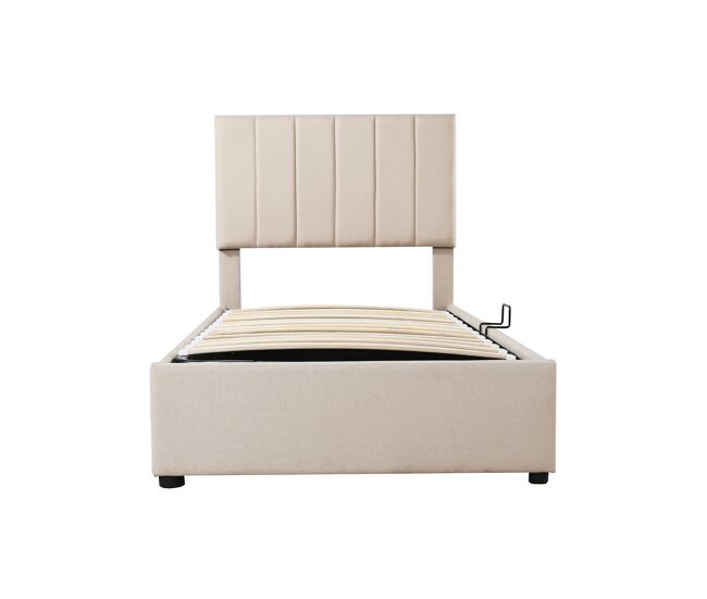 Cama con almacenaje tapizada en tela de lino - 90x200 cm - beige
