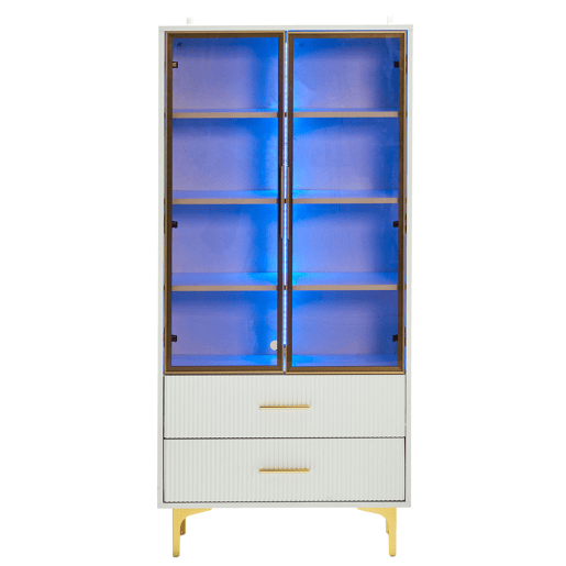 Armário expositor moderno com luzes LED e prateleiras extraíveis - A. 150 cm - 2 portas de vidro e 2 gavetas - Branco Armário expositor moderno com luzes LED e prateleiras extraíveis - A. 150 cm - 2 portas de vidro e 2 gavetas - Branco