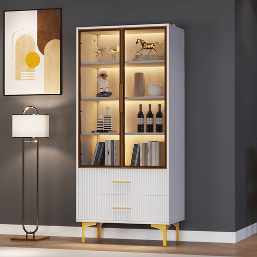 Armário expositor moderno com luzes LED e prateleiras extraíveis - A. 150 cm - 2 portas de vidro e 2 gavetas - Branco Armário expositor moderno com luzes LED e prateleiras extraíveis - A. 150 cm - 2 portas de vidro e 2 gavetas - Branco