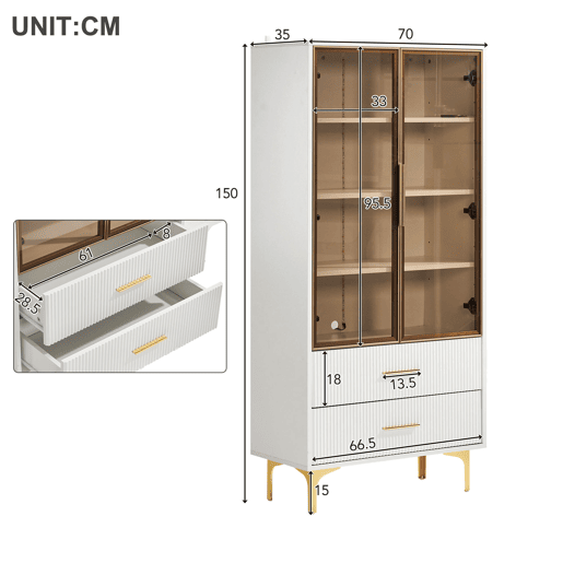 Armário expositor moderno com luzes LED e prateleiras extraíveis - A. 150 cm - 2 portas de vidro e 2 gavetas - Branco Armário expositor moderno com luzes LED e prateleiras extraíveis - A. 150 cm - 2 portas de vidro e 2 gavetas - Branco