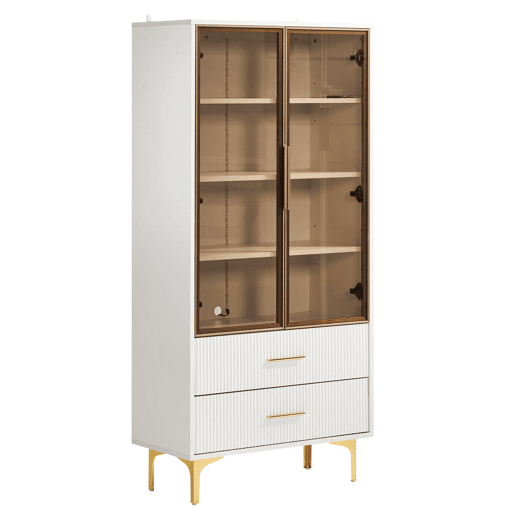 Armário expositor moderno com luzes LED e prateleiras extraíveis - A. 150 cm - 2 portas de vidro e 2 gavetas - Branco Armário expositor moderno com luzes LED e prateleiras extraíveis - A. 150 cm - 2 portas de vidro e 2 gavetas - Branco