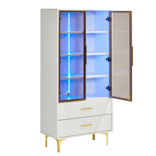 Armário expositor moderno com luzes LED e prateleiras extraíveis - A. 150 cm - 2 portas de vidro e 2 gavetas - Branco Armário expositor moderno com luzes LED e prateleiras extraíveis - A. 150 cm - 2 portas de vidro e 2 gavetas - Branco