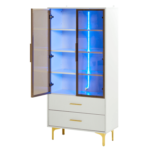 Armário expositor moderno com luzes LED e prateleiras extraíveis - A. 150 cm - 2 portas de vidro e 2 gavetas - Branco Armário expositor moderno com luzes LED e prateleiras extraíveis - A. 150 cm - 2 portas de vidro e 2 gavetas - Branco