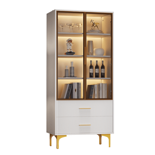 Armário expositor moderno com luzes LED e prateleiras extraíveis - A. 150 cm - 2 portas de vidro e 2 gavetas - Branco Armário expositor moderno com luzes LED e prateleiras extraíveis - A. 150 cm - 2 portas de vidro e 2 gavetas - Branco