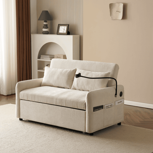Sofá regulável multi-ângulo convertível em tecido chenille - 2 lugares - com suporte para telemóvel e portas USB - Bege