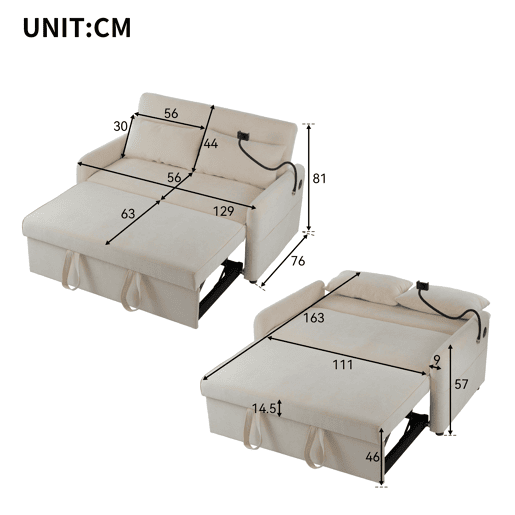 Sofá regulável multi-ângulo convertível em tecido chenille - 2 lugares - com suporte para telemóvel e portas USB - Bege