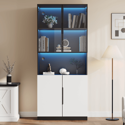 Vitrina 80x30x200 cm com LED - 4 portas (2 portas de vidro) - Preto e branco