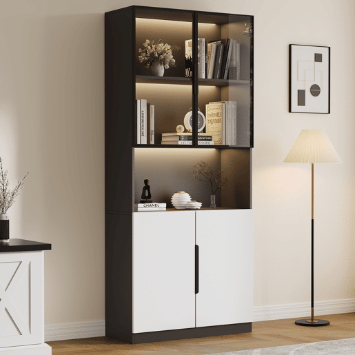 Vitrina 80x30x200 cm com LED - 4 portas (2 portas de vidro) - Preto e branco