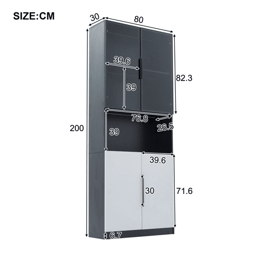 Vitrina 80x30x200 cm com LED - 4 portas (2 portas de vidro) - Preto e branco