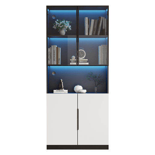 Vitrina 80x30x200 cm com LED - 4 portas (2 portas de vidro) - Preto e branco