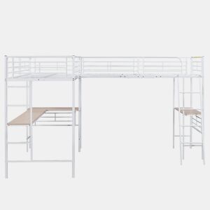 Cama em mezzanine - 2 camas 90x200 cm - 2 secretárias debaixo da cama - Branco