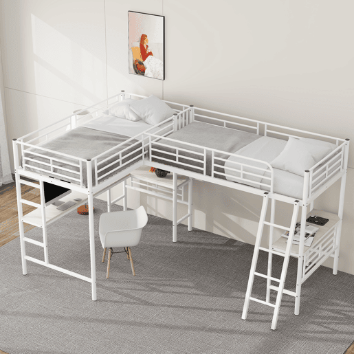Cama em mezzanine - 2 camas 90x200 cm - 2 secretárias debaixo da cama - Branco