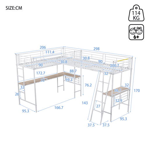 Cama em mezzanine - 2 camas 90x200 cm - 2 secretárias debaixo da cama - Branco