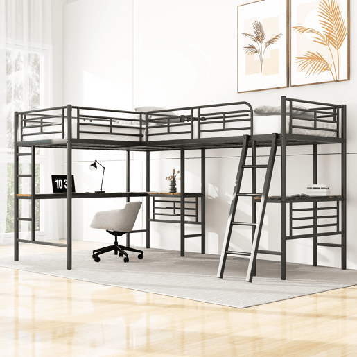 Cama mezzanine - 2 camas 90x200 cm - 2 secretárias debaixo da cama - Preto
