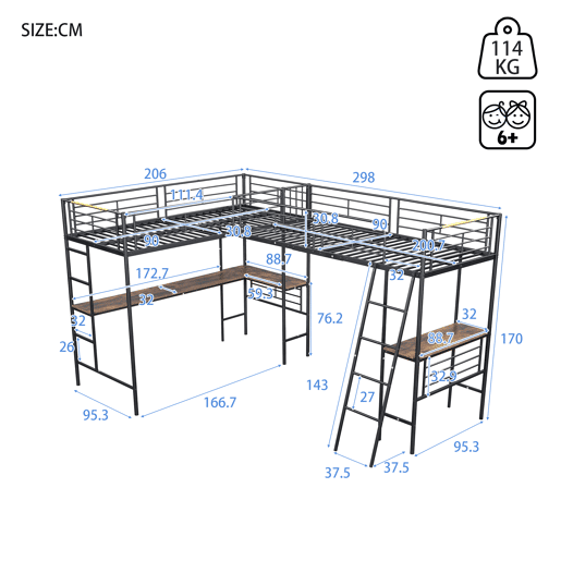 Cama mezzanine - 2 camas 90x200 cm - 2 secretárias debaixo da cama - Preto