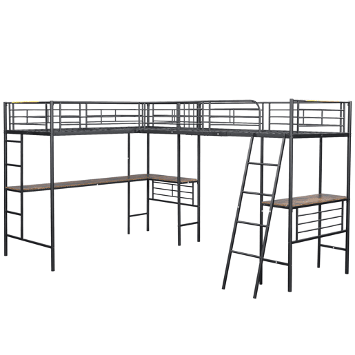 Cama mezzanine - 2 camas 90x200 cm - 2 secretárias debaixo da cama - Preto