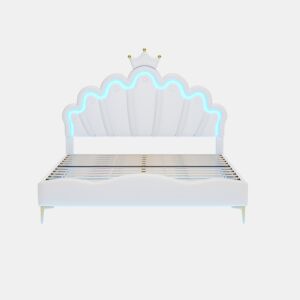 Cama de criança 140x200cm com LED - cama de princesa com almofada de pele sintética - Branco